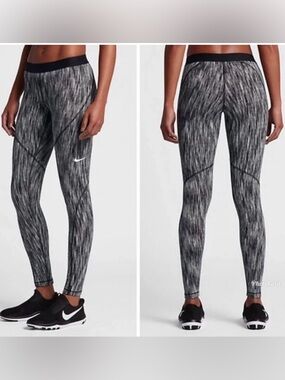 Nike Pro HyperWarm Leggings Grey and Black Brush Stroke Pattern Women Medium